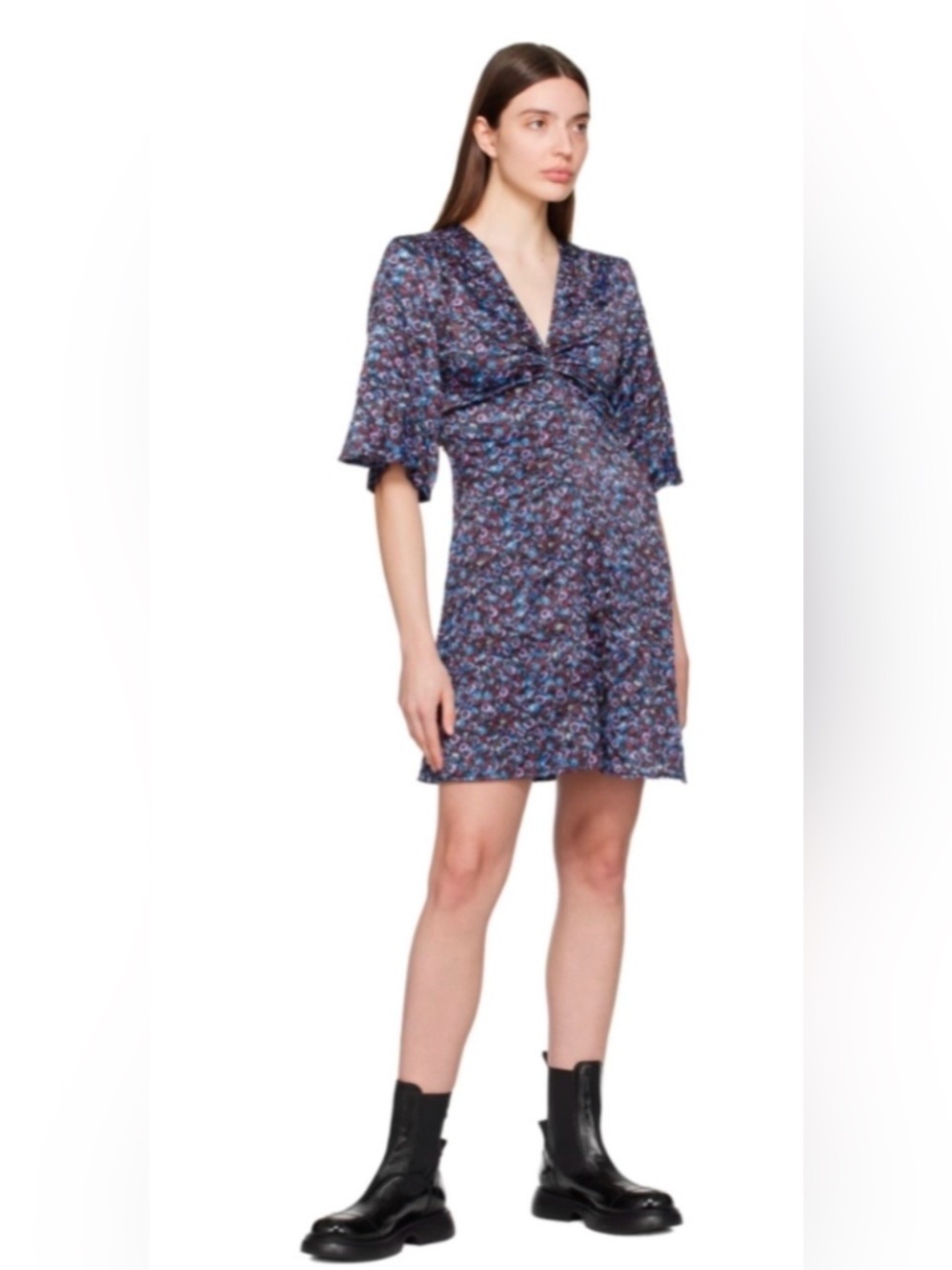 Ganni Blue Purple Maroon and Black Floral Print Minidress Size 6 / M / 38